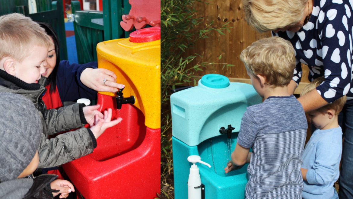 Preschool children being taught to wash hands with a KiddiSynk